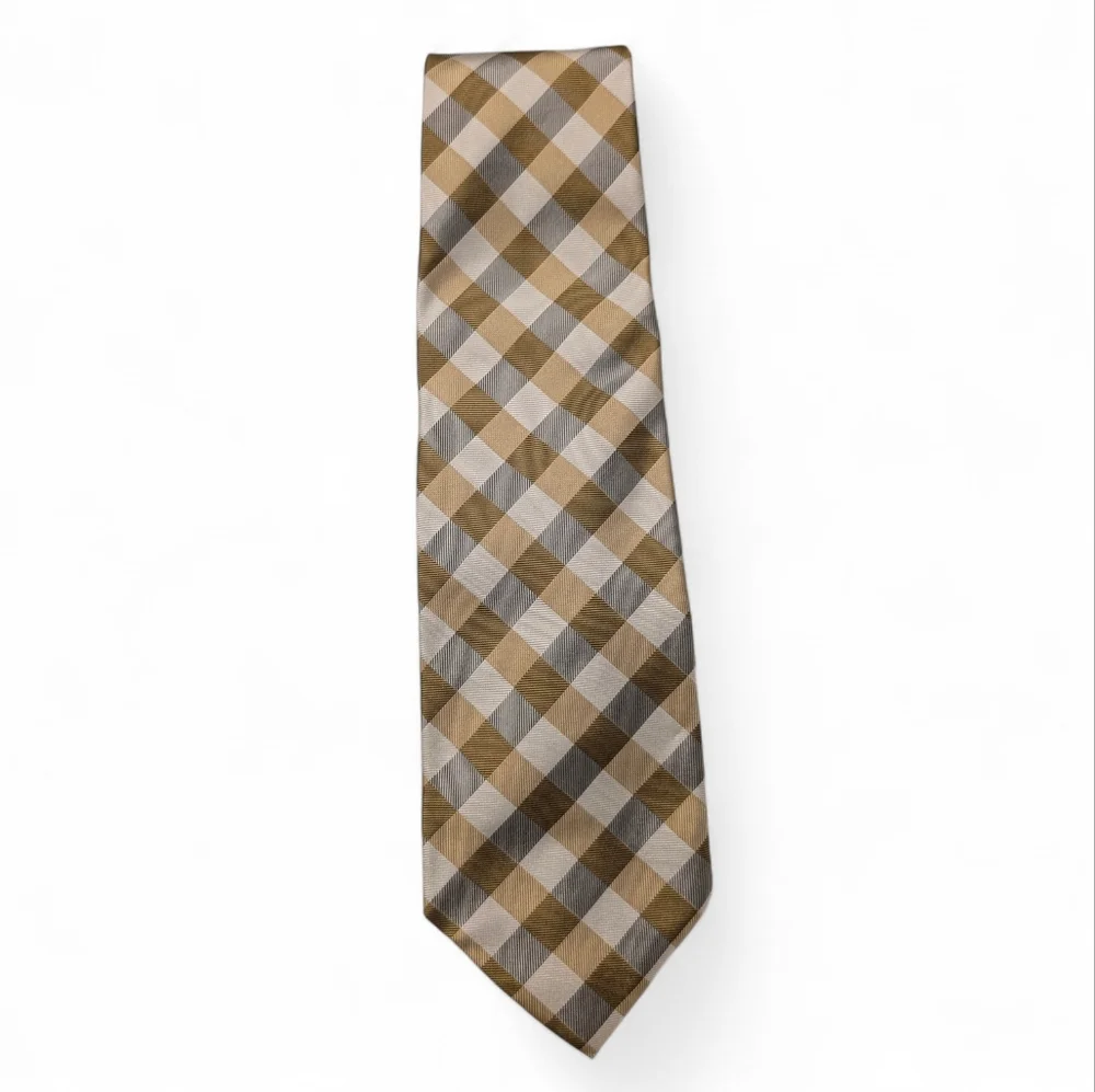 LANDS END Vintage Silk Tie Long Tan Cream Check Necktie Classic